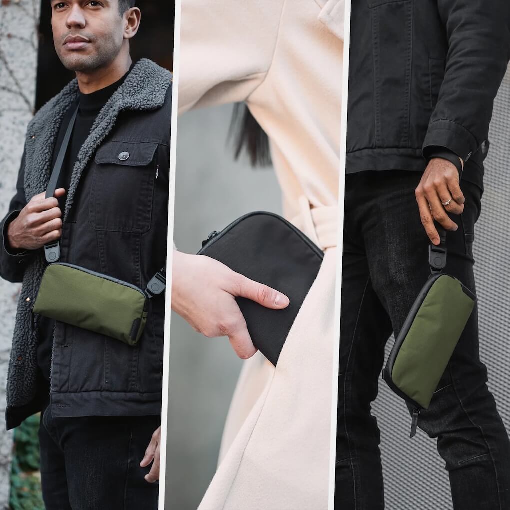 Multishots of people wearing and using the Flight Pouch