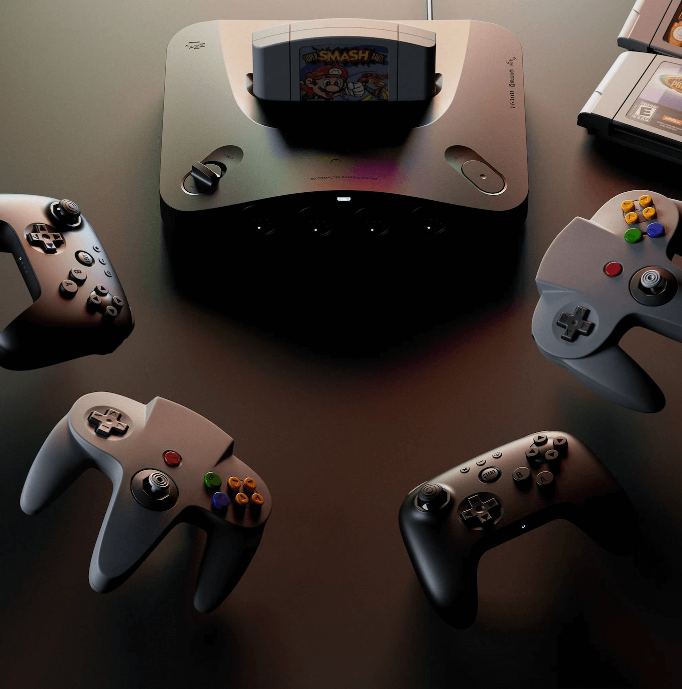 Controllers surrounding the Analogue 3D console