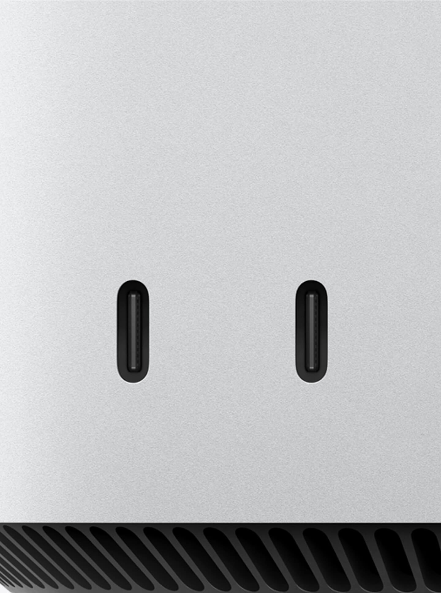 Close up of front ports on M4 Mac Mini